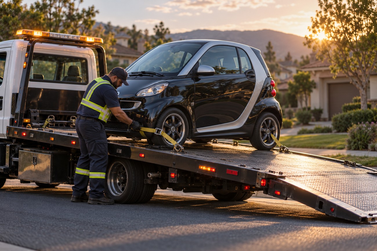 A tow truck driver in a high-visibility vest secures a black Smart Fortwo on a flatbed tow truck
