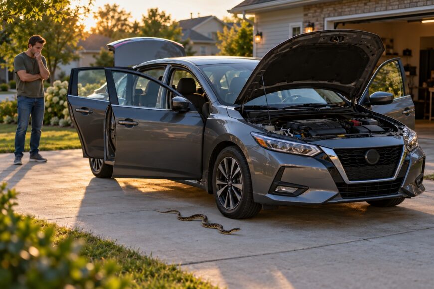 A man stands perplexed by his gray Nissan Sentra with open doors and hood while a snake crawls on the driveway