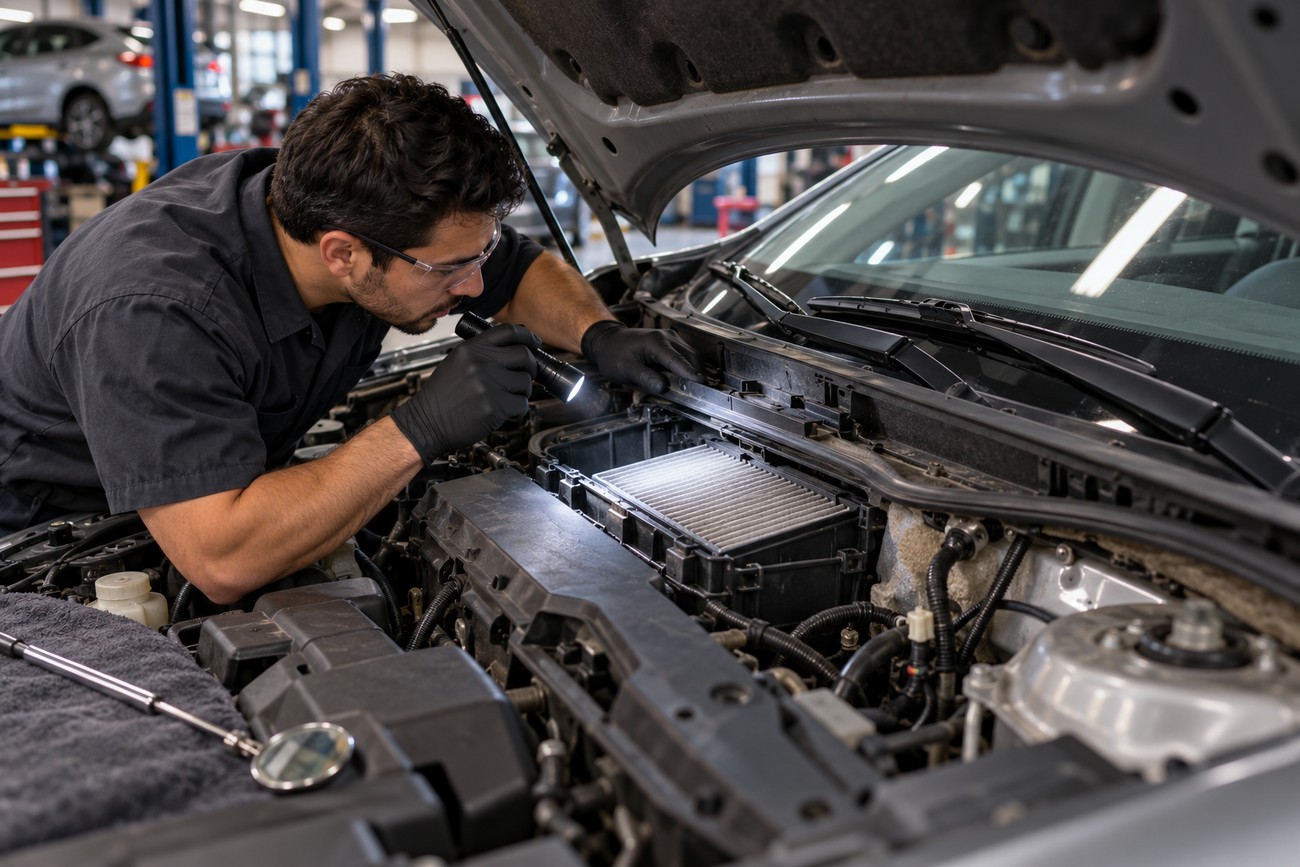 Mechanic wearing gloves and safety glasses inspecting the engine bay of a Nissan Sentra with a flashlight