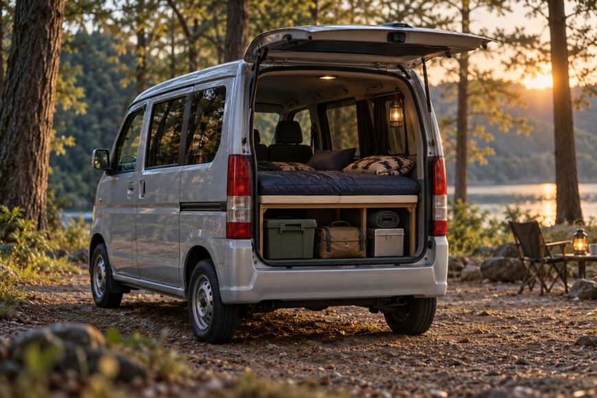 Silver Honda Vamos kei van parked in a forest campground with its tailgate open showing a built-in sleeping platform and camping gear