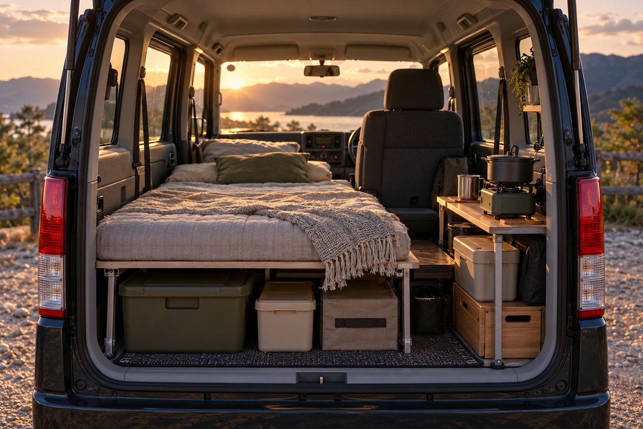 Open trunk of a converted Honda Vamos kei van revealing a cozy platform bed and compact camping kitchen setup with a lake sunset in the background