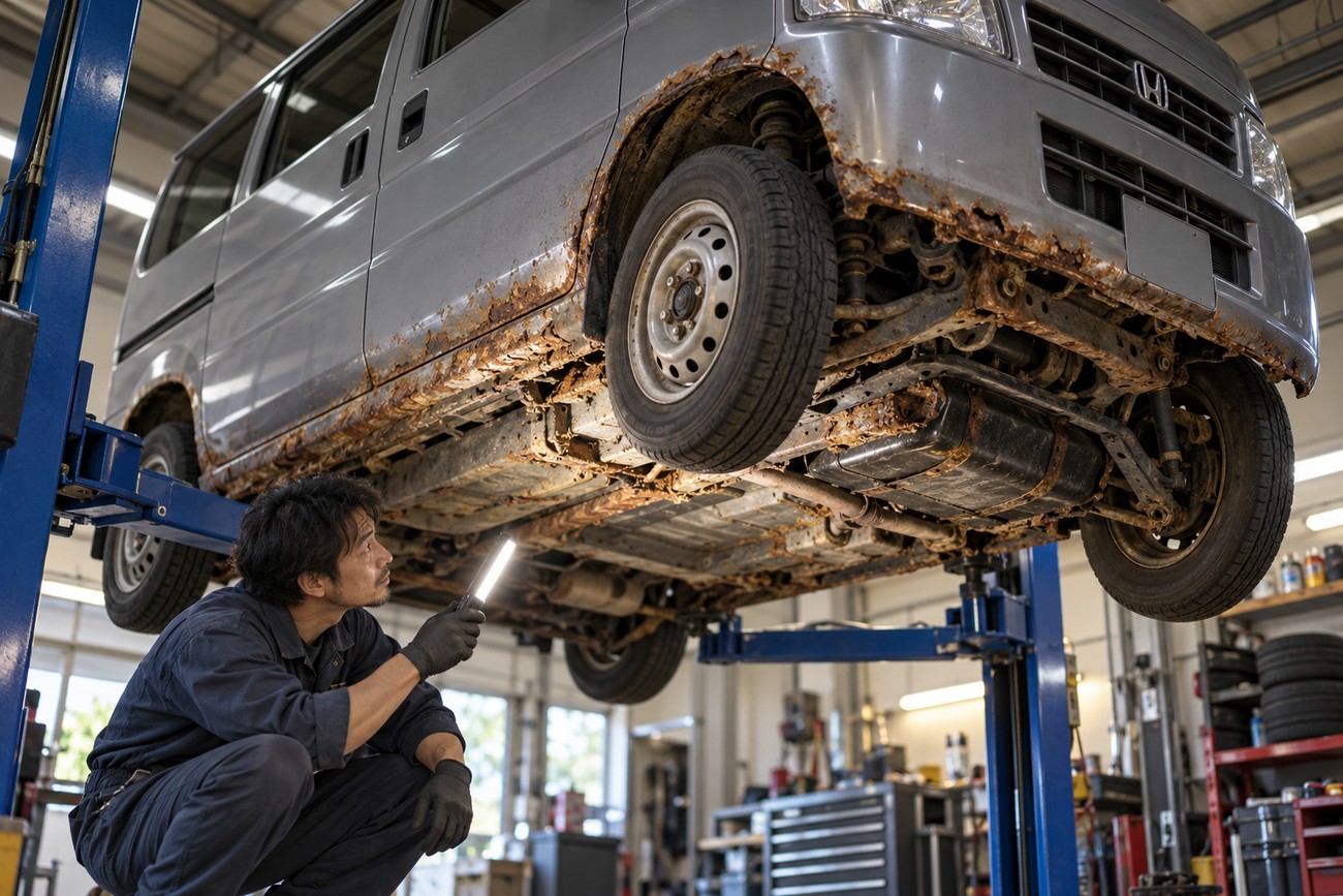A mechanic holding a flashlight inspects severe rust on the undercarriage of a Honda Vamos kei van lifted in a repair shop