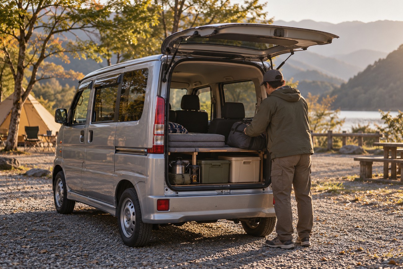 A man packing gear into the open tailgate of a silver Honda Vamos kei van camper parked near a lake