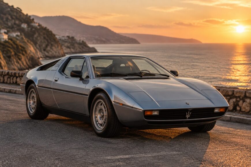 Silver Maserati Merak classic supercar parked on a scenic coastal road during sunset