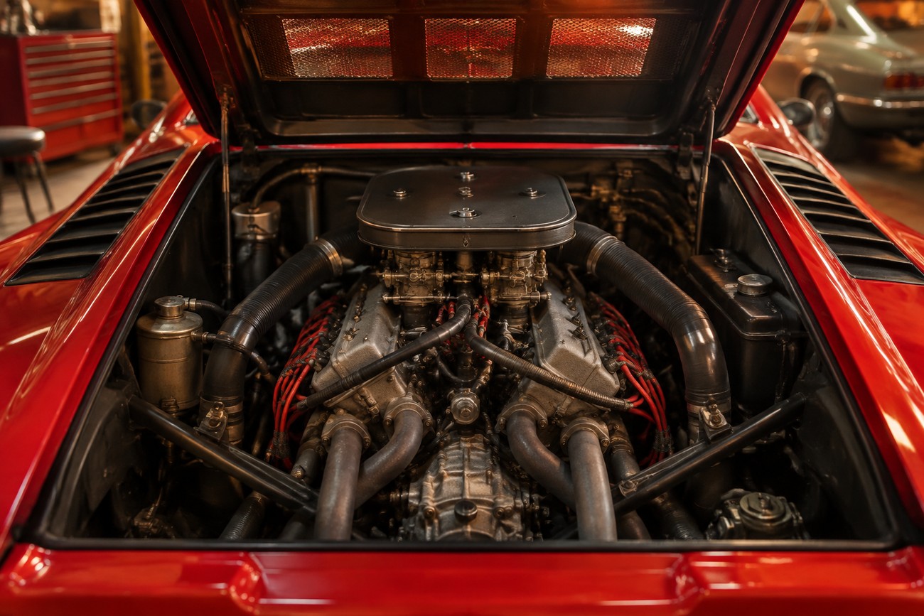 Open rear engine bay of a red classic Maserati Merak showing the detailed V6 powerplant and components