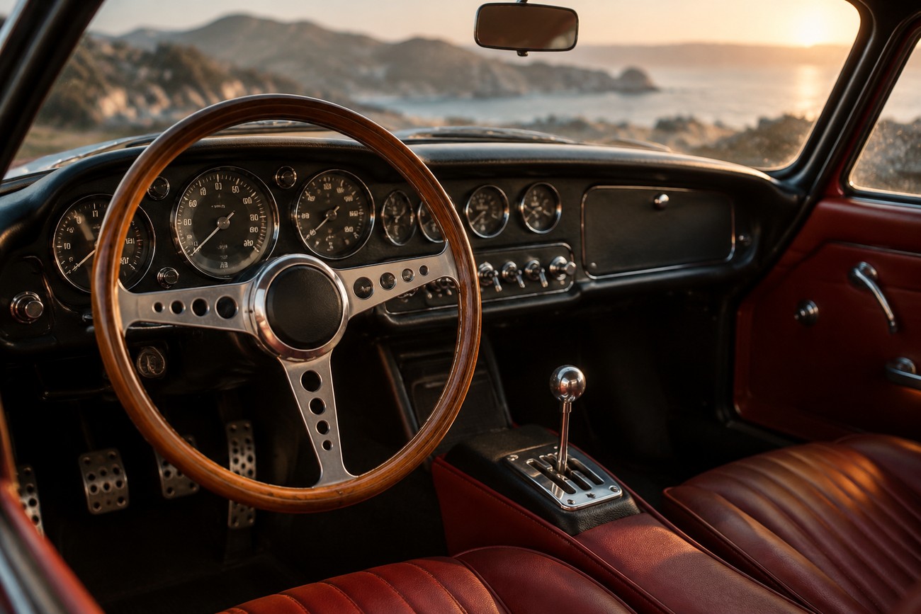Classic interior cockpit of a Maserati Merak featuring a wooden steering wheel and red leather upholstery with a coastal view outside