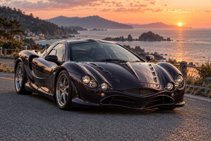 Dark Mitsuoka Orochi sports car parked on a scenic coastal road during sunset with ocean and mountains in the background