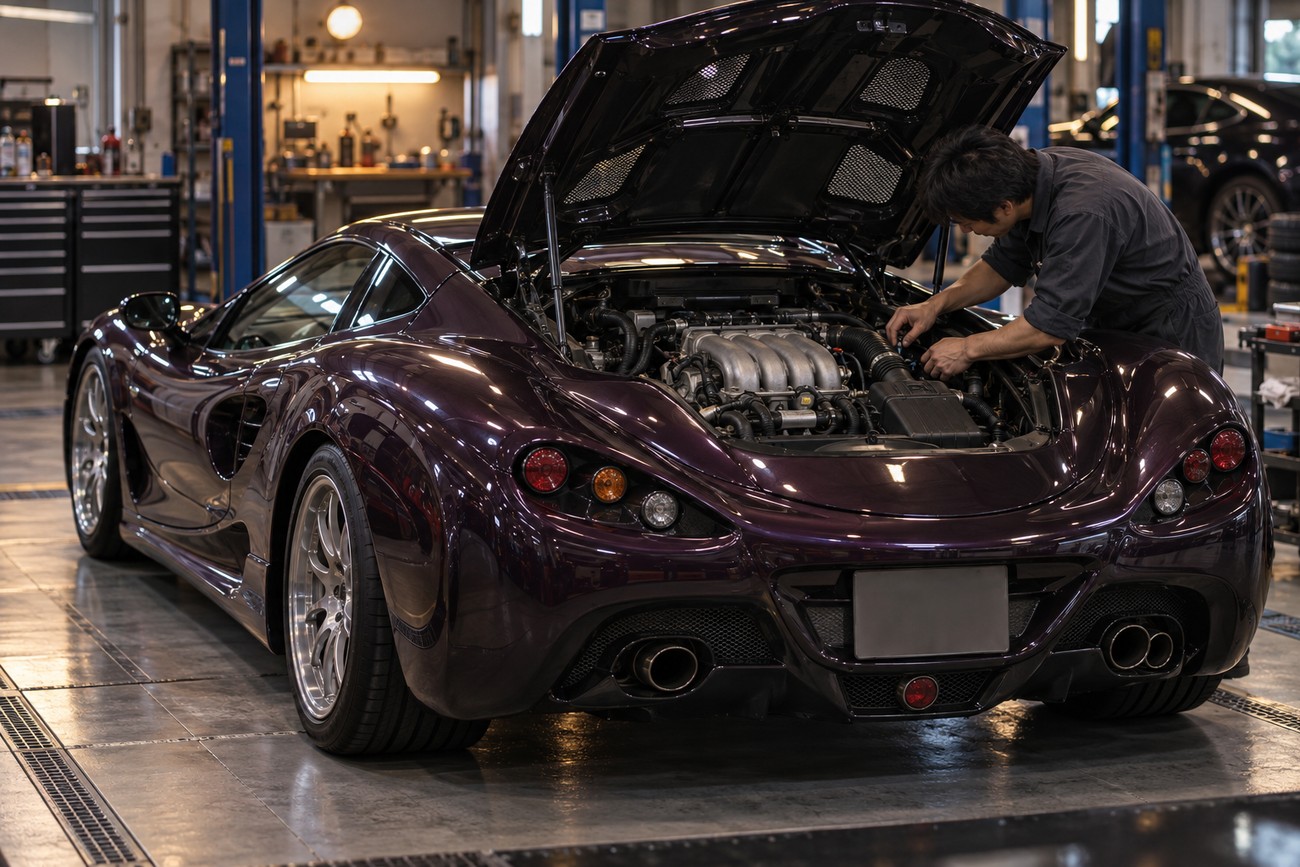 A mechanic working on the open engine bay of a purple Mitsuoka Orochi sports car inside a repair shop