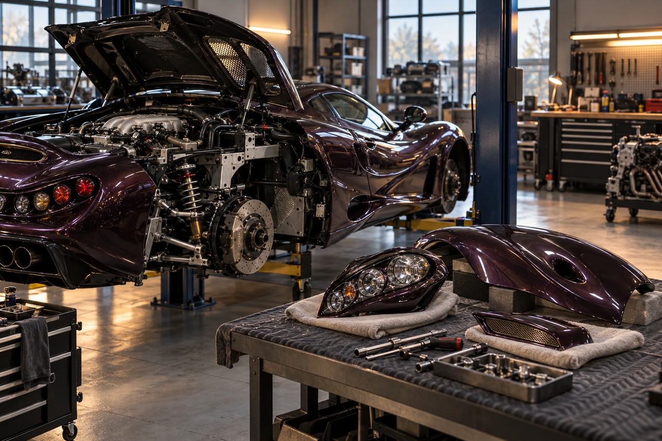A dark purple Mitsuoka Orochi sports car lifted on a hoist in a repair shop with its body parts and headlights disassembled on a workbench