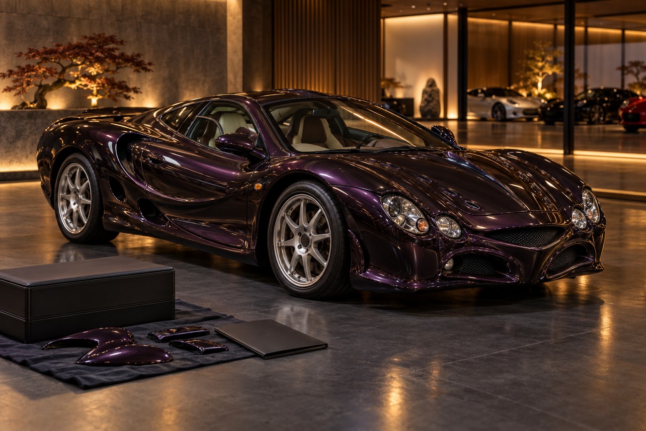 A dark purple Mitsuoka Orochi sports car parked inside a sleek showroom with warm lighting
