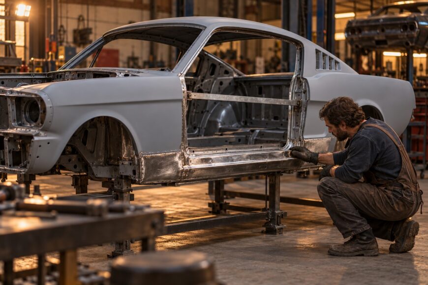 A mechanic in work overalls inspects the bare metal rocker panel of a classic car body shell in a workshop