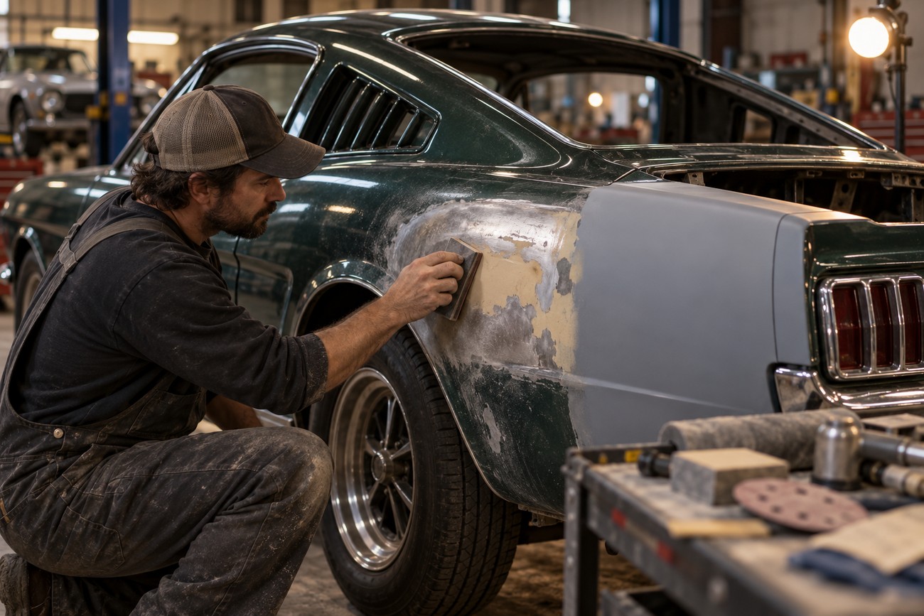 A mechanic in coveralls uses a sanding block on the bare metal rear quarter panel of a classic green car in an auto body shop