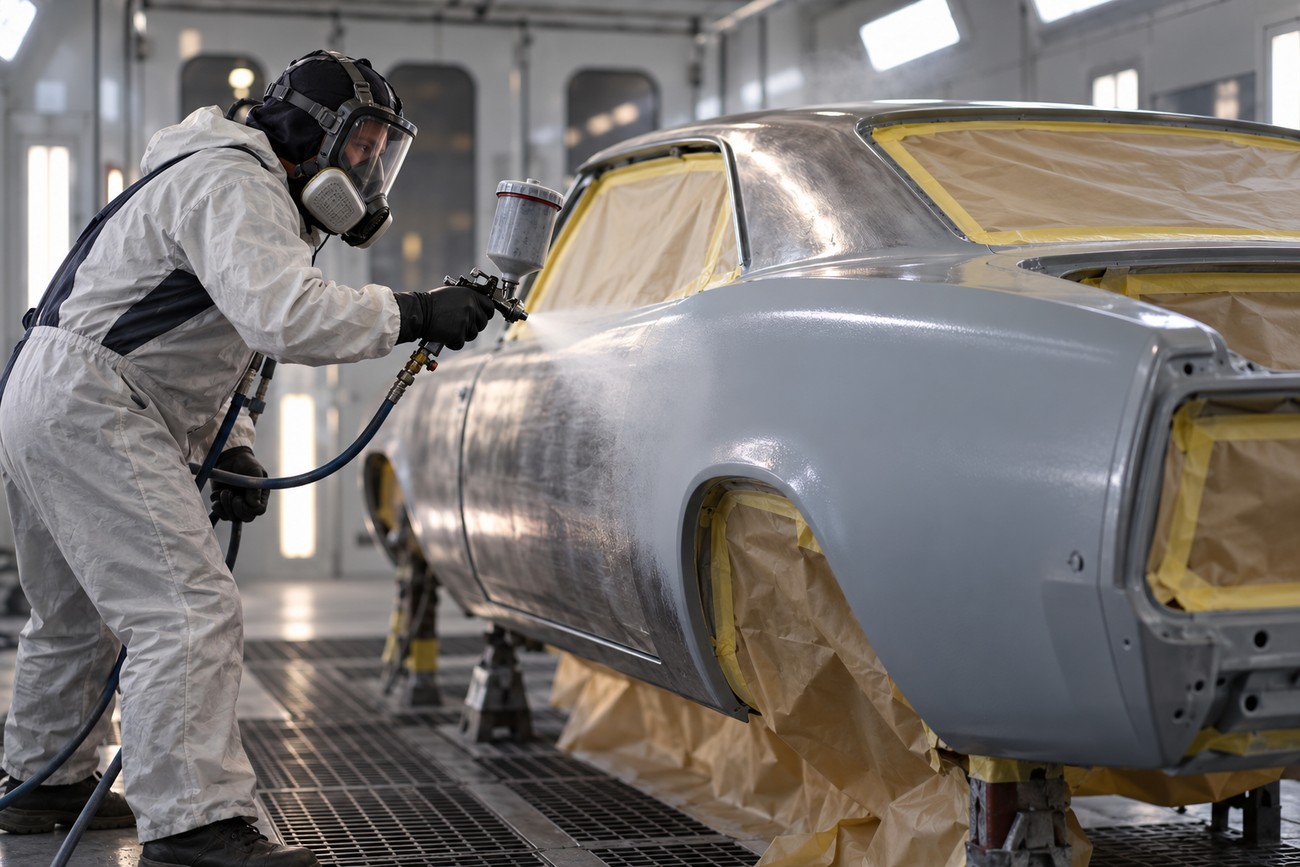 Technician in protective suit applying primer with a spray gun to a classic car body shell in a workshop