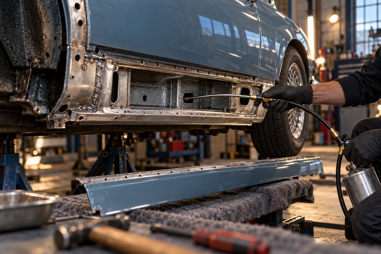 Mechanic wearing black gloves applying rust proofing wax into the inner sill of a classic car body shell in a workshop