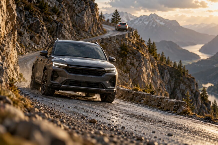 A dark gray SUV driving on a narrow winding mountain road with rocky cliffs and distant peaks at sunset