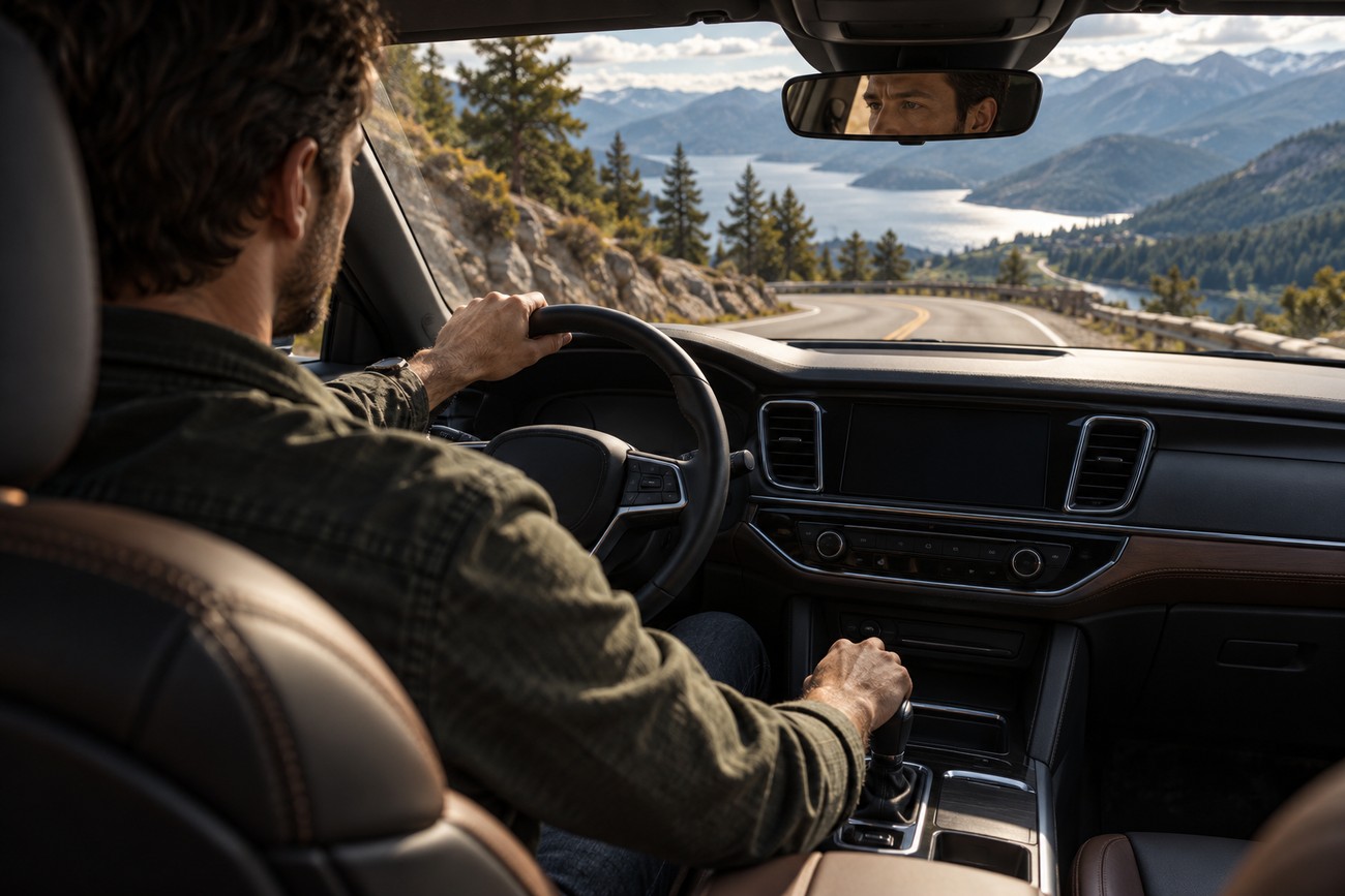 Male driver holding the steering wheel while driving along a winding scenic mountain road with lake views