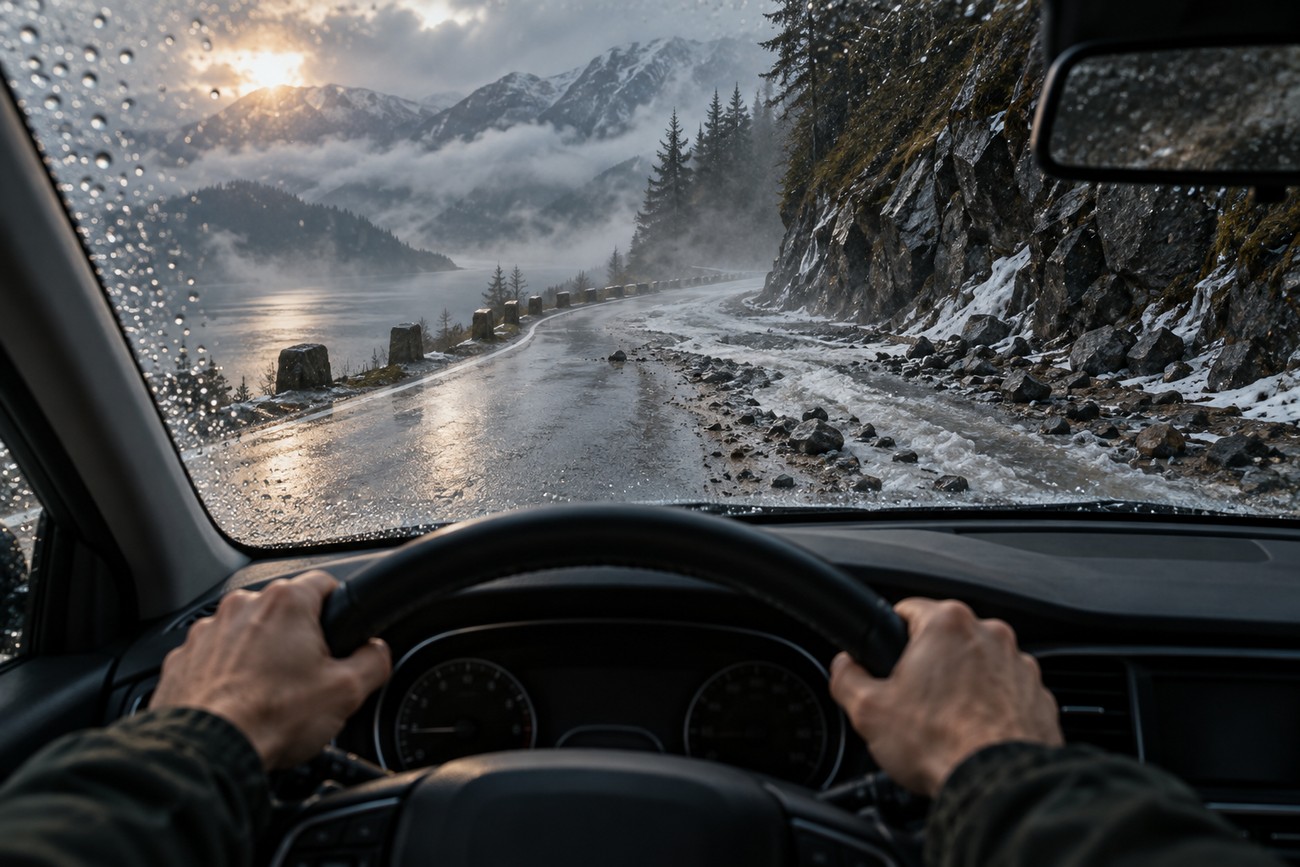 Driver holding the steering wheel while driving along a wet and rocky mountain road with foggy peaks in the background
