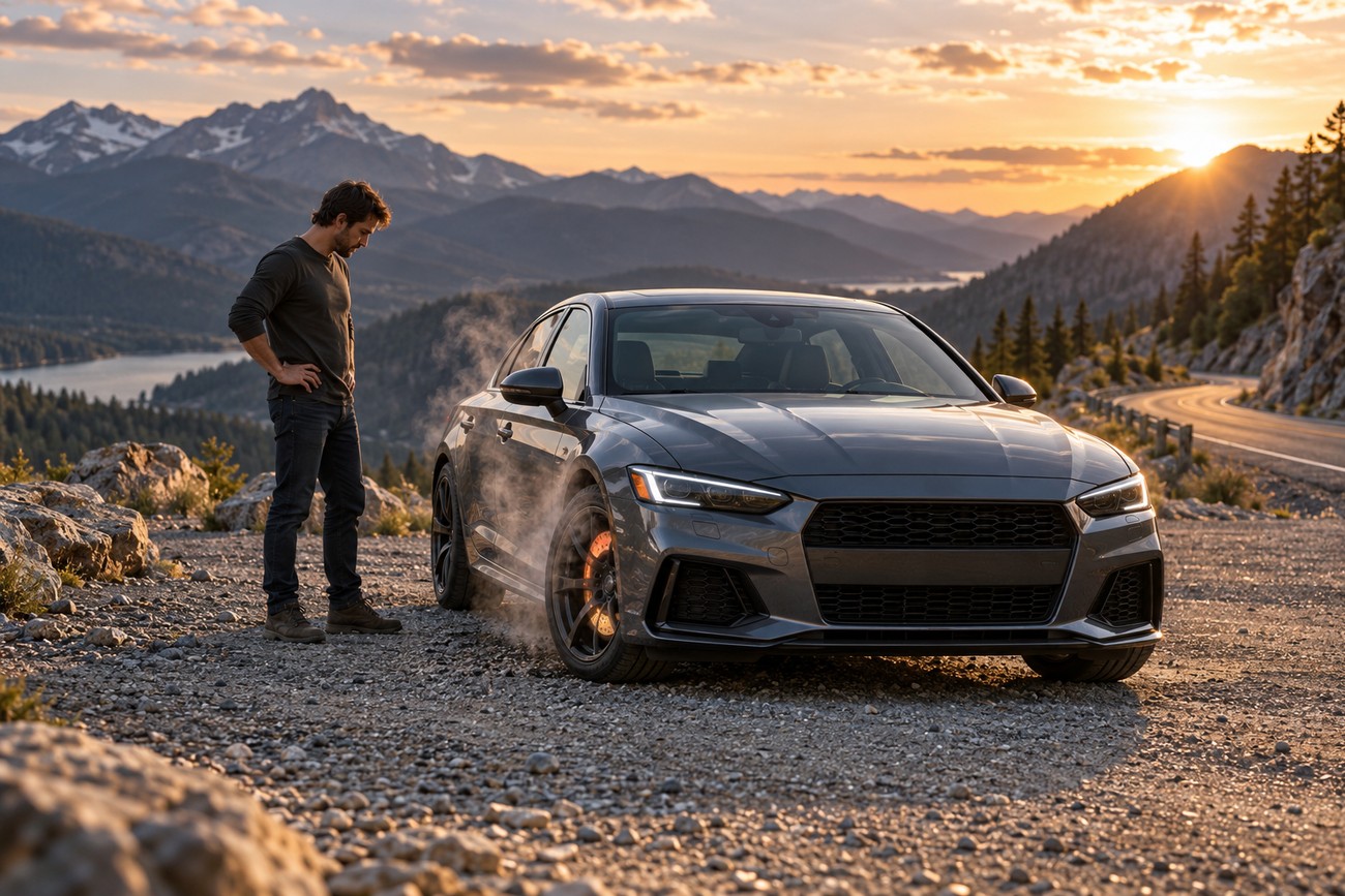 A man stands beside his grey sedan parked on a gravel mountain roadside while smoke rises from the glowing wheels