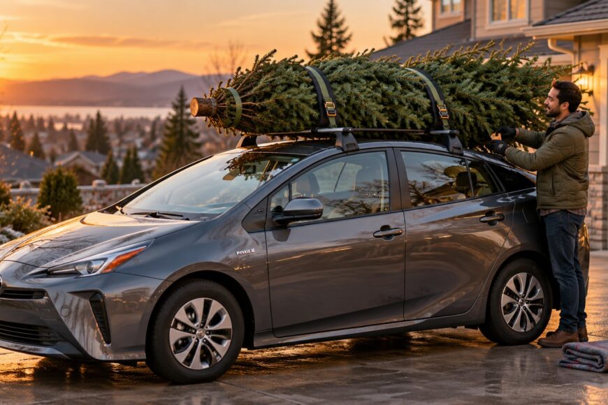 A man tightening straps on a large Christmas tree secured to the roof rack of a gray Toyota Prius