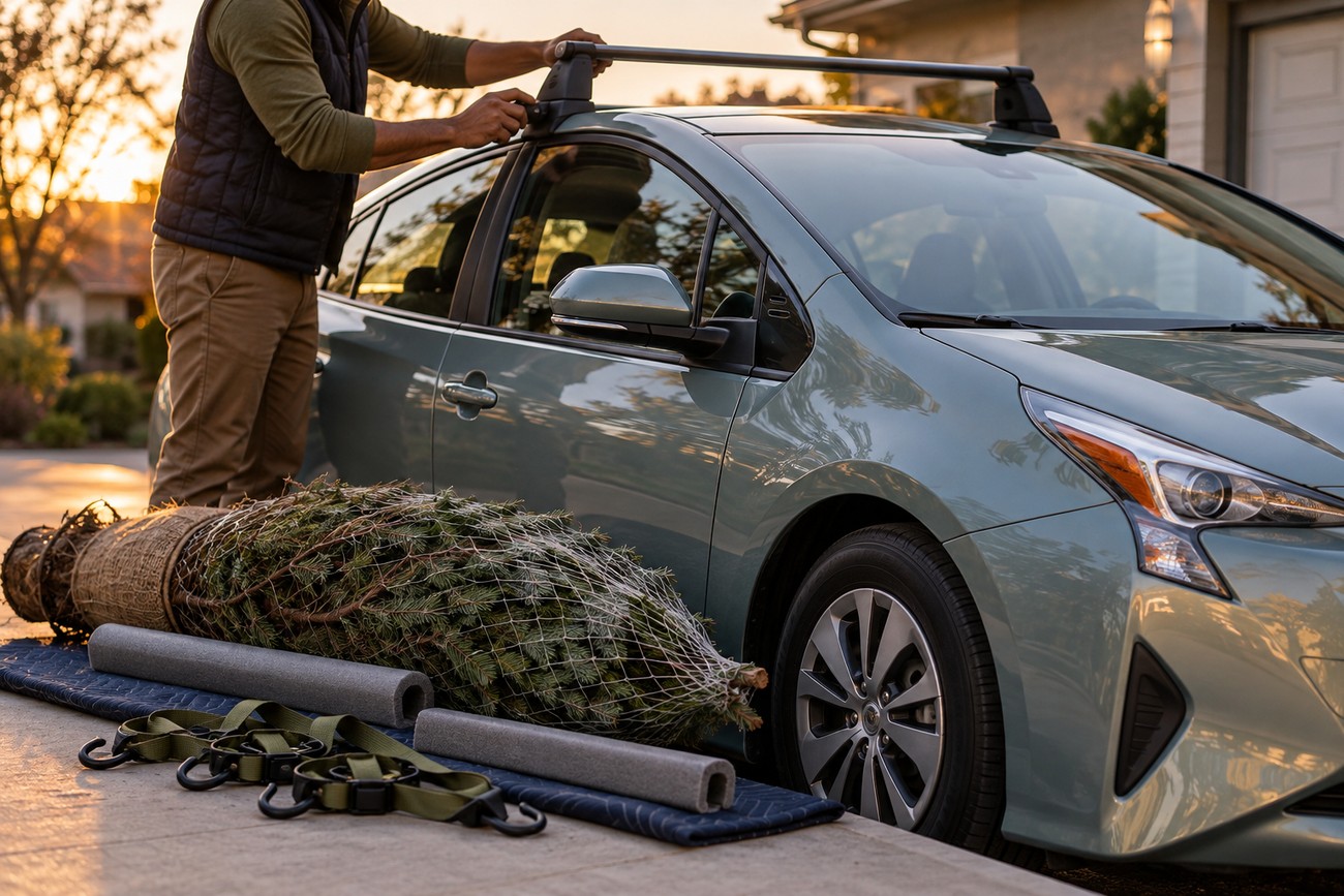 Man installing roof racks on a green Prius next to a wrapped Christmas tree and straps