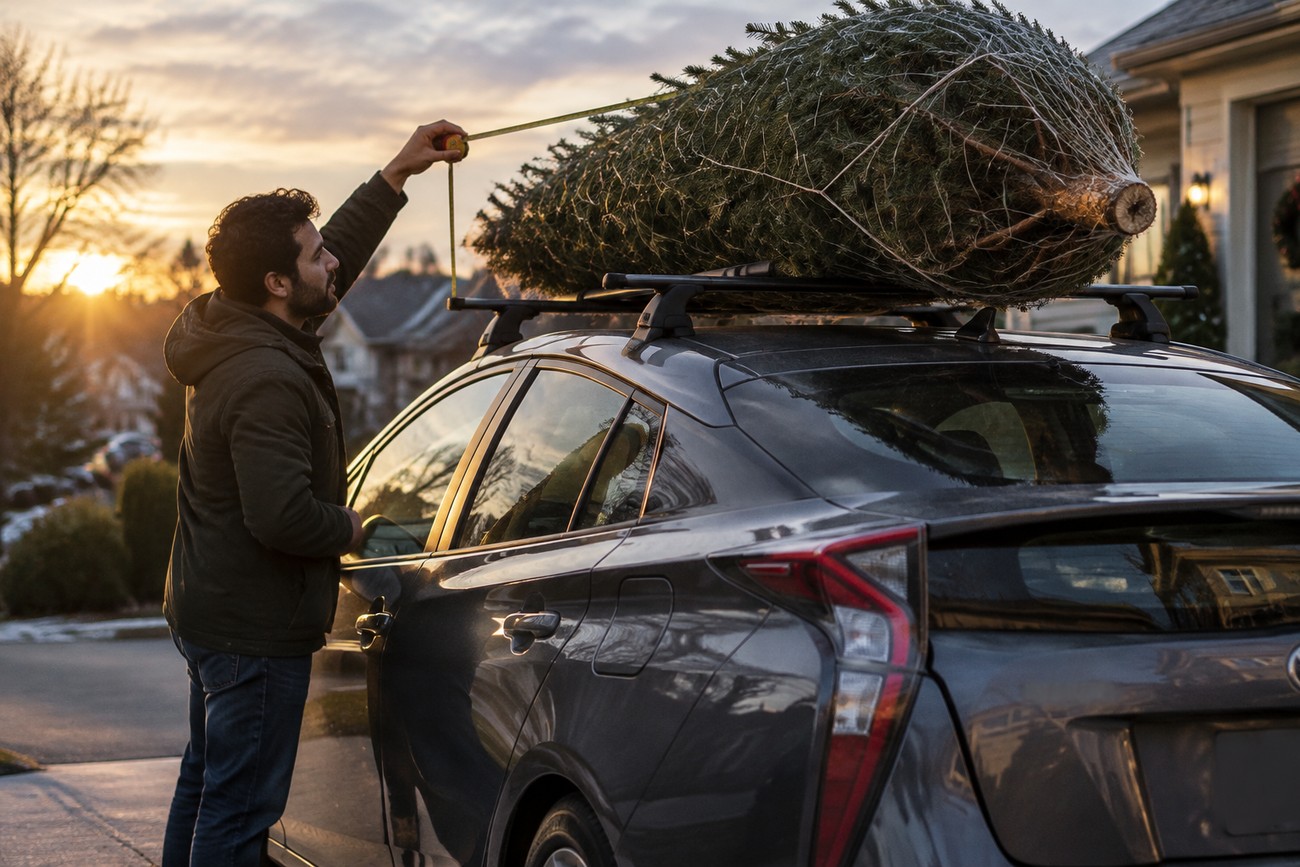 Man measuring a large Christmas tree strapped to the roof rack of a gray Prius at sunset