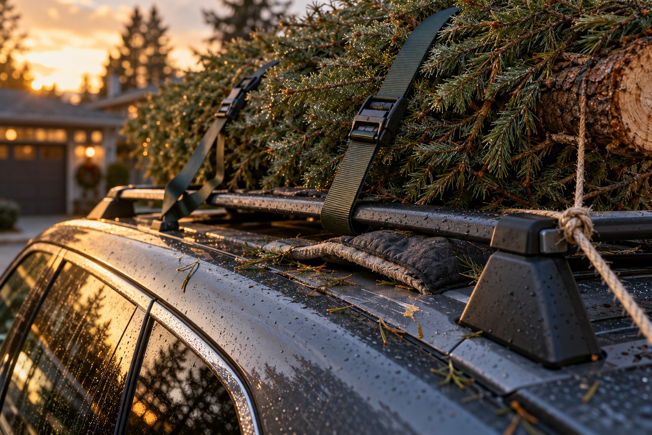 A large Christmas tree securely strapped with green cargo straps and ropes to the roof rack of a car during sunset