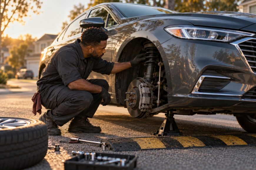 A mechanic wearing dark workwear kneels beside a grey car to inspect the front suspension components and brake rotor