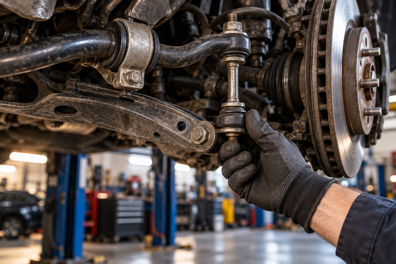Mechanic wearing a work glove checking the suspension stabilizer link on a vehicle in a repair shop