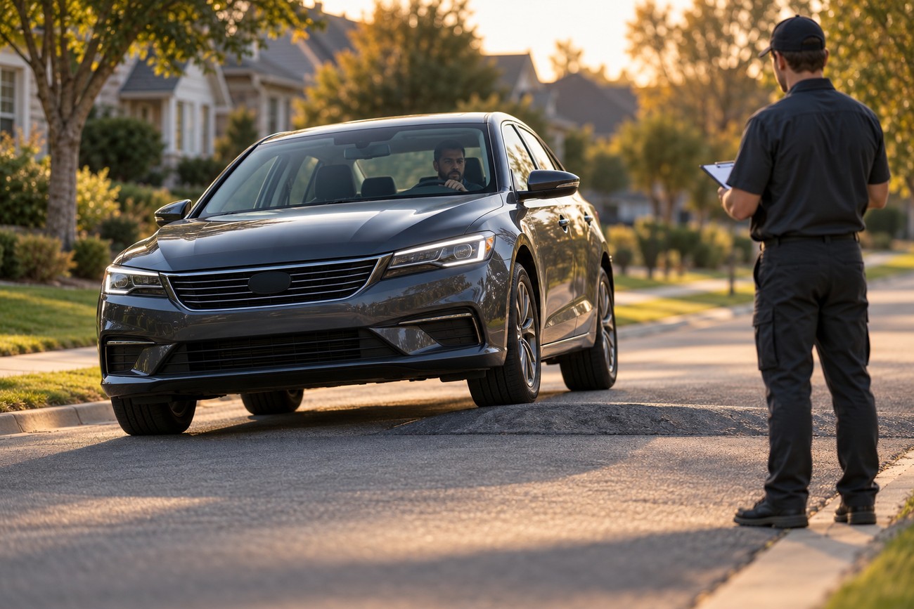A dark gray sedan driving over a speed bump on a suburban street while a worker stands on the side holding a clipboard