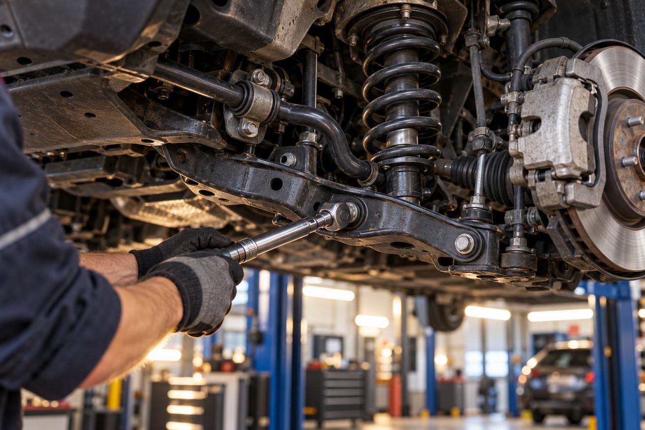 A mechanic wearing work gloves uses a ratchet tool to tighten bolts on a car suspension system inside an auto repair shop