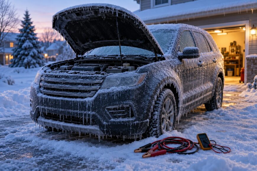 A heavily iced Ford Edge parked in a snowy driveway with its hood open and jumper cables lying on the snow in front of it