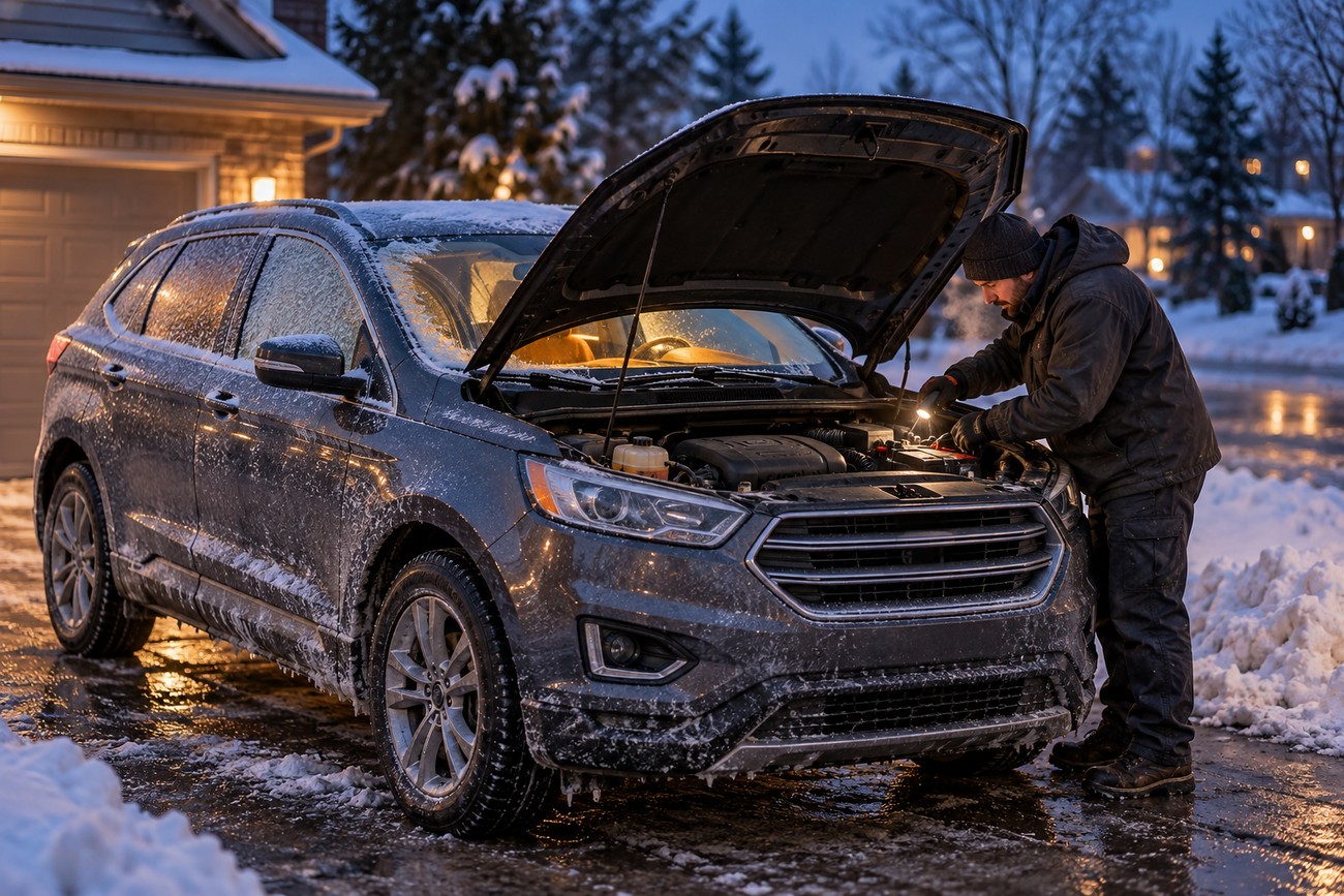 A man using a flashlight to check the engine of a snow-covered Ford Edge in winter