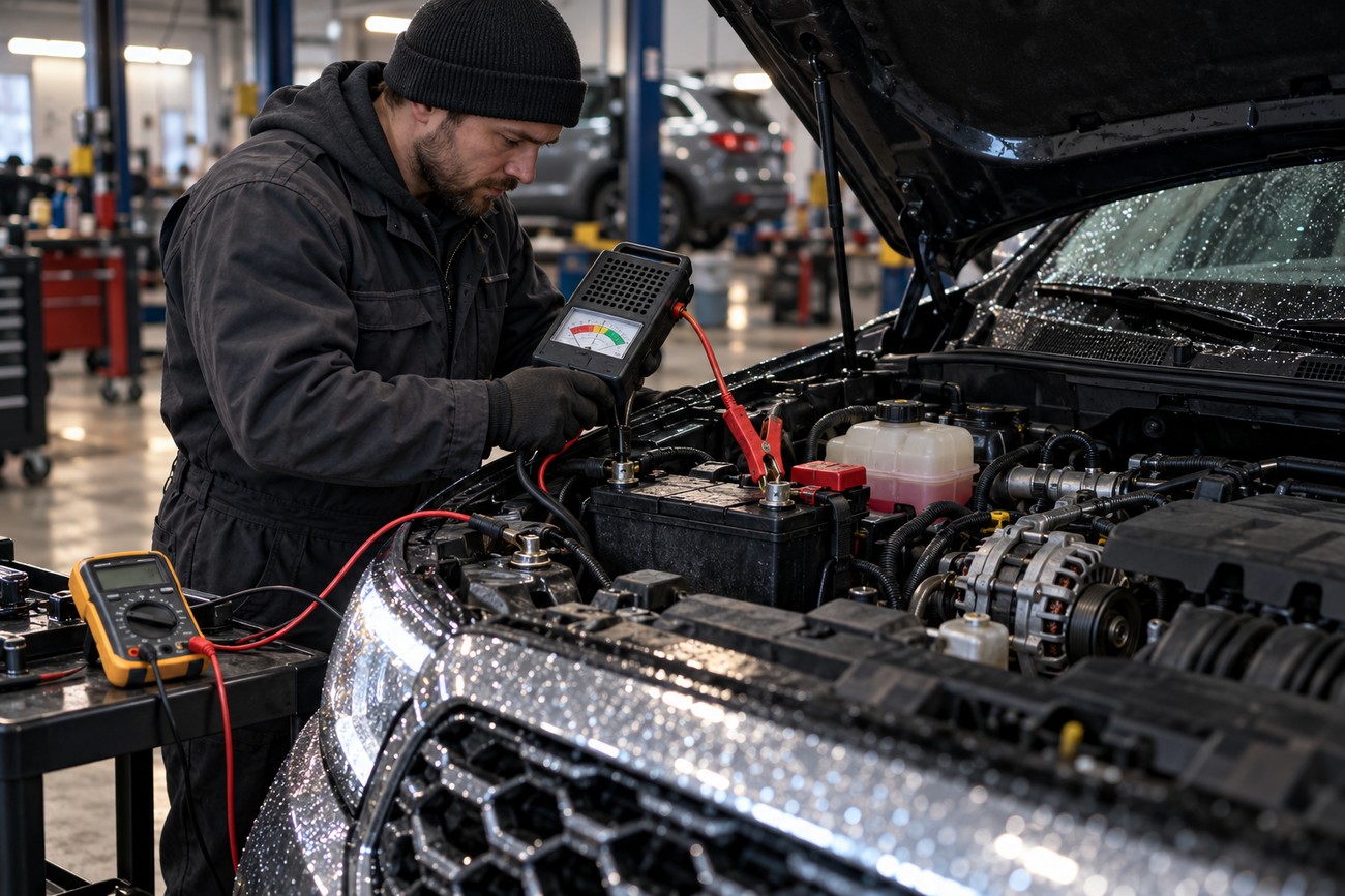 A mechanic wearing a beanie and dark overalls tests the battery of a Ford Edge with jumper cables and a diagnostic device inside an auto repair shop