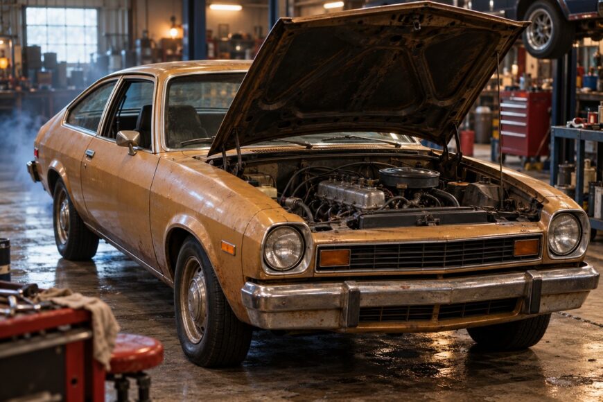 A rusty brown Chevrolet Vega hatchback parked in a dimly lit mechanic garage with its hood open exposing the aluminum engine block