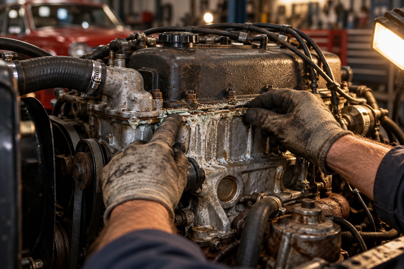 Mechanic in dirty work gloves inspecting the aluminum block and cylinder head of a Chevrolet Vega engine in a garage