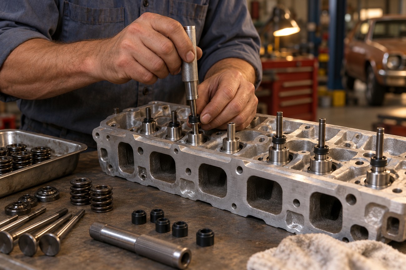 Mechanic installing valve stem seals on an aluminum engine cylinder head in a garage workshop