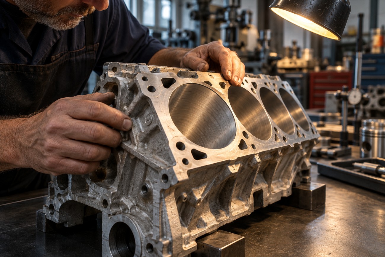 A mechanic closely inspects a bare aluminum engine block on a workbench in a machine shop