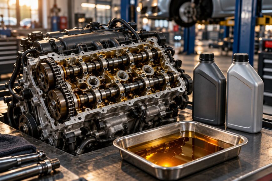 Disassembled car engine on a workshop table next to oil bottles and a drain pan with oil