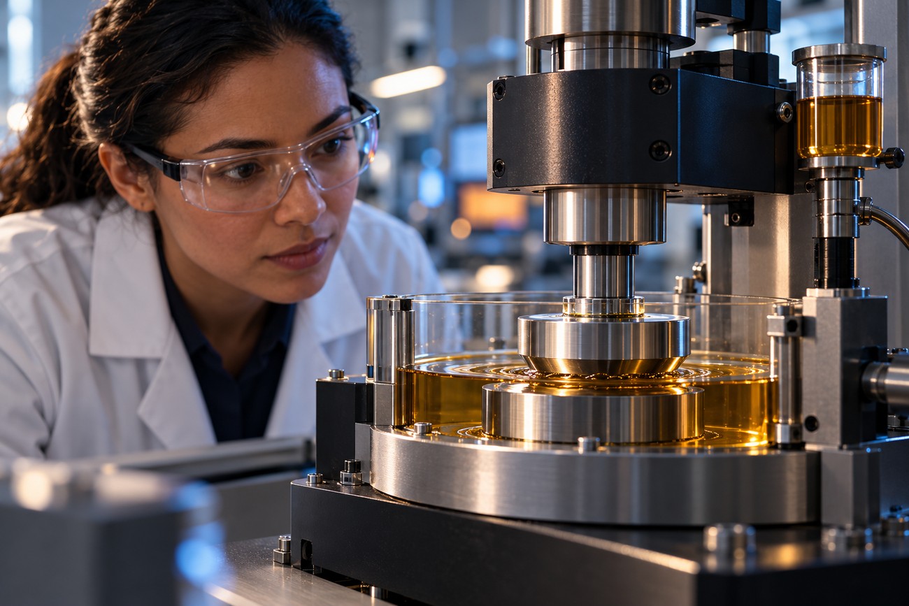 A female researcher in safety glasses closely observes a mechanical testing apparatus filled with golden engine oil in a laboratory