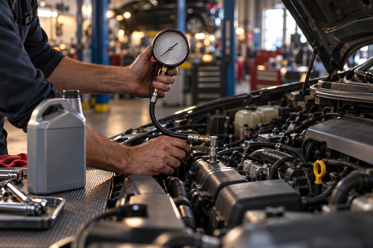 A mechanic holding a pressure gauge connected to a car engine in a workshop with a bottle of motor oil on the side