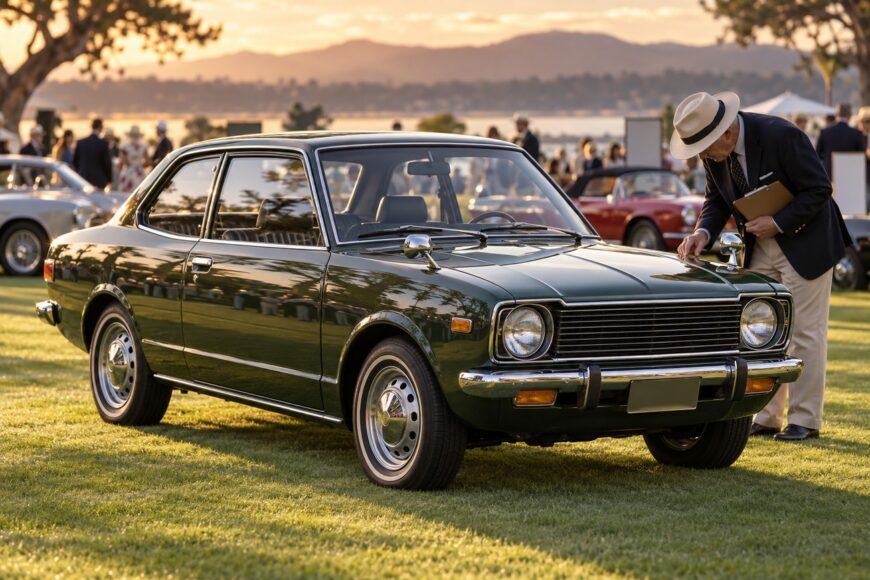 A judge inspecting a vintage dark green Toyota Corolla parked on a grassy field at a concours event