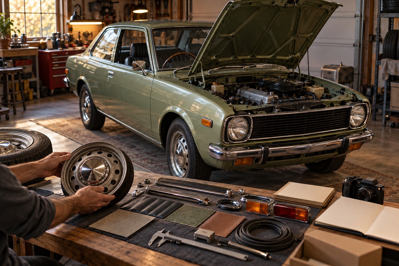 A person holding a vintage car wheel rim and hubcap at a workbench filled with classic car parts, with a classic green Toyota Corolla parked in the background