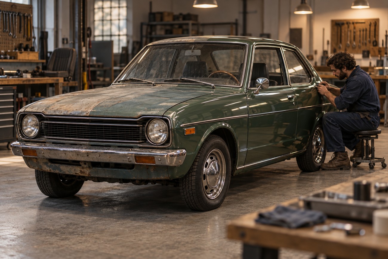 A mechanic sitting on a stool and polishing the side panel of a vintage green Toyota Corolla in a workshop