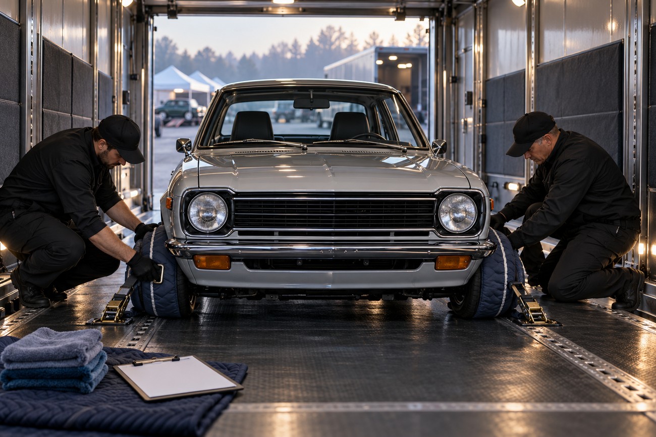 Two workers in black uniforms securing a vintage Toyota Corolla inside an enclosed car transport trailer