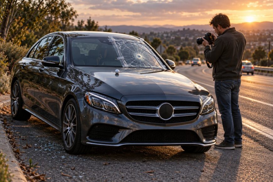 A man taking photos of a dark Mercedes sedan parked on the roadside with a heavily cracked windshield and a golf ball on the hood