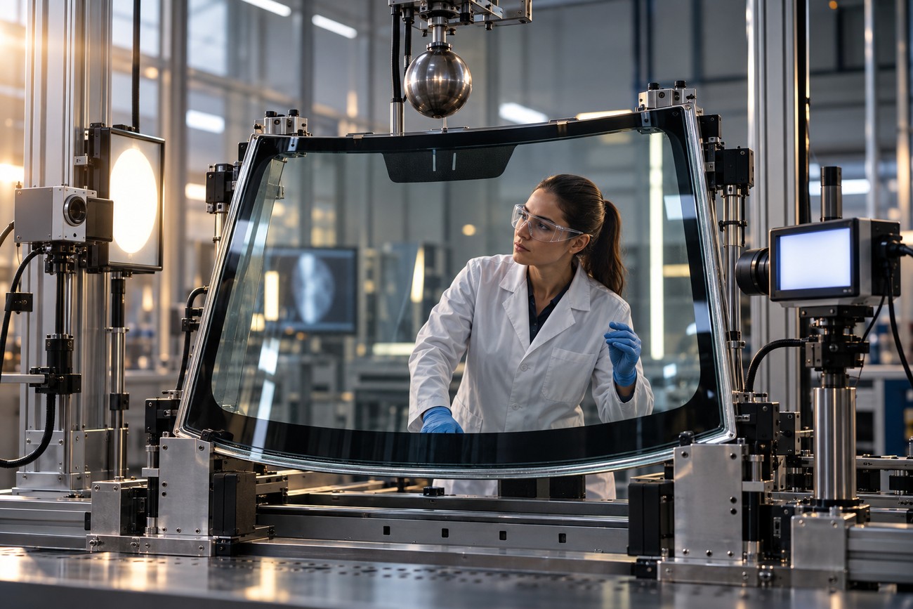 Female technician in a lab coat examining a Mercedes windshield on a factory testing machine