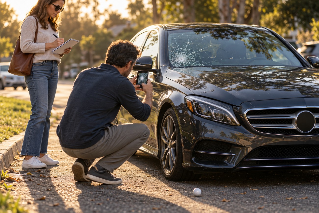 Man photographing a shattered Mercedes windshield with a golf ball lying on the asphalt nearby