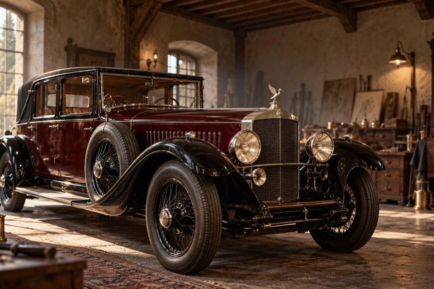 Classic Hispano-Suiza H6 luxury car with the iconic stork mascot parked inside a rustic workshop