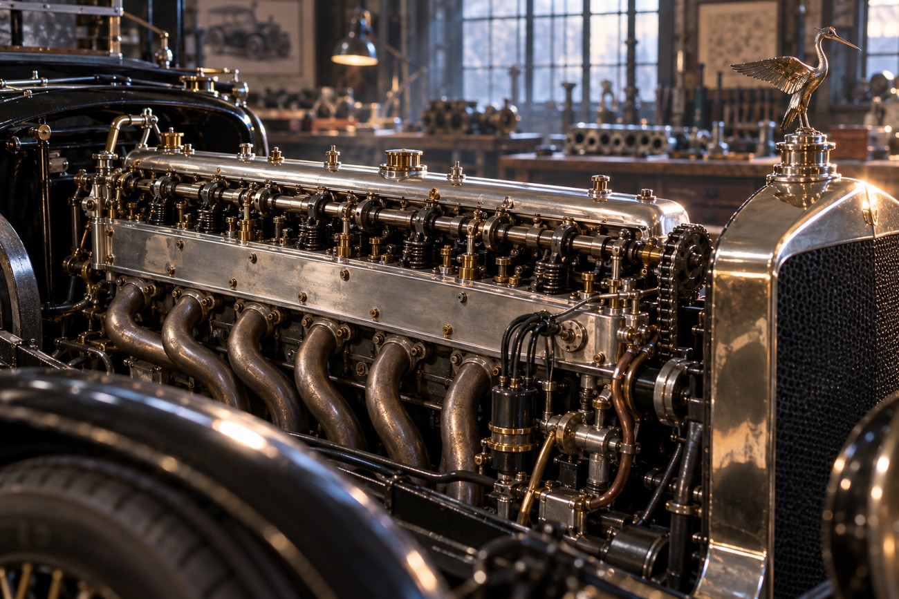 Detailed view of the polished engine and stork hood ornament of a classic Hispano-Suiza H6 luxury car in a workshop