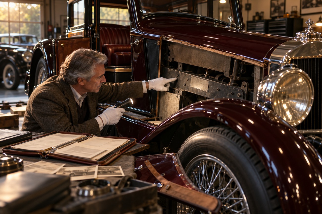 A mechanic wearing white gloves inspects the engine bay of a classic maroon Hispano-Suiza H6 luxury car with a flashlight